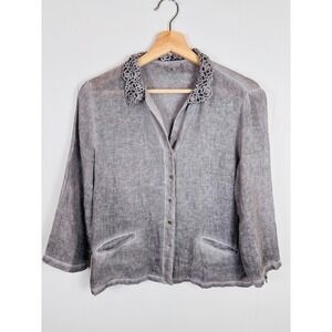 Hass‎ Woven Button-Down Top Crochet Collar 3/4 Sleeve Gray Size Medium